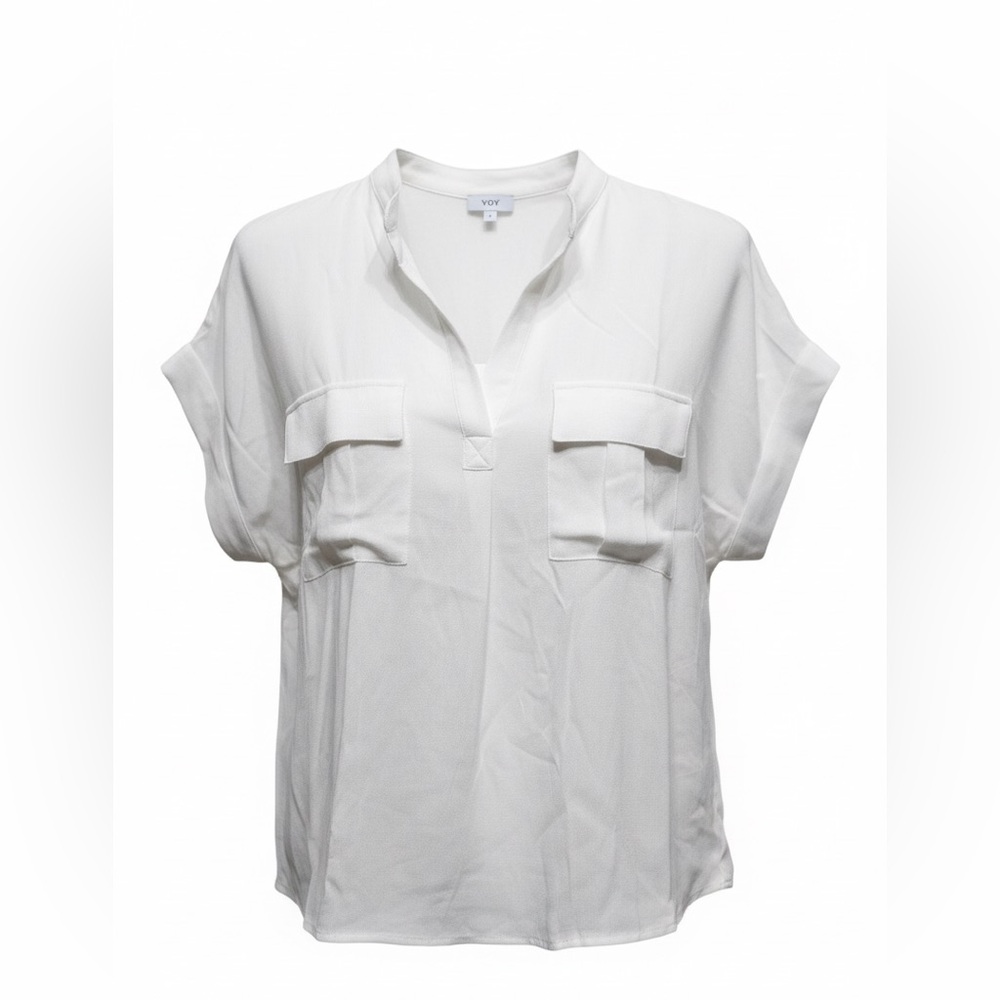 In February White Short-Sleeve Pocket flowy blouse nwt